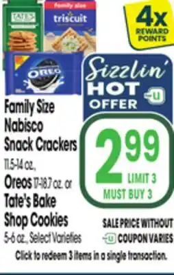 Jewel-Osco Family Size Nabisco Snack Crackers 11.5-14 oz., Oreos 17-18.7 oz. or Tate's Bake Shop Cookies 5-6 oz offer