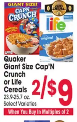 Jewel-Osco Quaker Giant Size Cap'N Crunch or Life Cereals offer