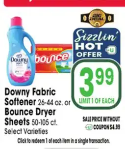 Jewel-Osco Downy Fabric Softener 26-44 oz. or Bounce Dryer Sheets 50-105 ct offer