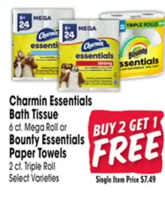 Jewel-Osco Charmin Essentials Bath Tissue 6 ct. Mega Roll or Bounty Essentials Paper Towels 2 ct. Triple Roll offer