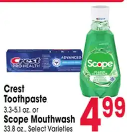 Jewel-Osco Crest Toothpaste 3.3-5.1 oz. or Scope Mouthwash 33.8 oz offer