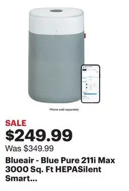 Best Buy Blueair - Blue Pure 211i Max 3000 Sq. Ft HEPASilent Smart Extra-Large Room Air Purifier - White/Gray offer