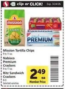 Safeway Mission Tortilla Chips, Nabisco Premium Crackers, Ritz Sandwich Crackers offer