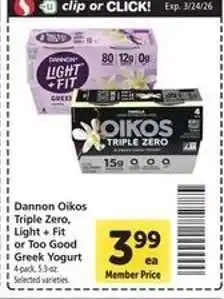 Safeway Dannon Oikos Triple Zero, Light & Fit or Too Good Greek Yogurt offer