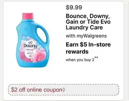 Walgreens Bounce, Downy, Gain or Tide Evo Laundry Care offer