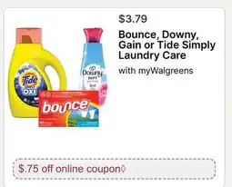 Walgreens Bounce, Downy, Gain or Tide Simply Laundry Care offer