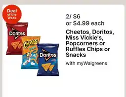 Walgreens Cheetos, Doritos, Miss Vickie's, Popcorners or Ruffles Chips or Snacks offer