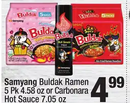 Super King Markets Samyang Buldak Ramen 5 Pk 4.58 oz or Carbonara Hot Sauce 7.05 oz offer