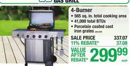 Menards 4-Burner, 565 sq. in. total cooking area, 41,000 total BTUs, Porcelain coated cast iron grates offer