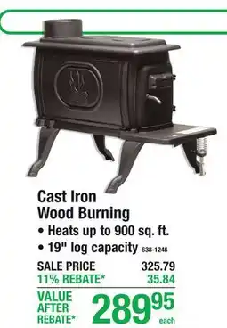 Menards Cast Iron Wood Burning, Heats up to 900 sq. ft., 19 log capacity offer
