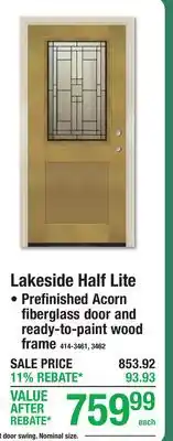 Menards Lakeside Half Lite Prefinished Acorn fiberglass door and ready-to-paint wood frame offer