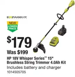 The Home Depot RYOBI HP 18V Whisper Series 15 Brushless String Trimmer 4.0Ah Kit offer