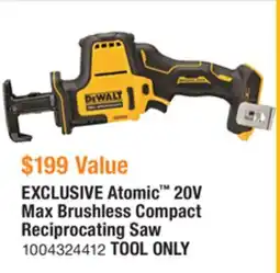The Home Depot DEWALT Atomic 20V Max Brushless Compact Reciprocating Saw offer
