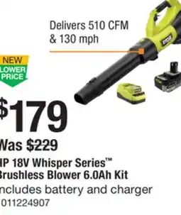 The Home Depot RYOBI HP 18V Whisper Series Brushless Blower 6.0Ah Kit offer