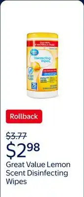Walmart Great Value Lemon Scent Disinfecting Wipes offer