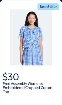 Walmart Free Assembly Women's and Women's Plus Embroidered Cropped Cotton Top with Short Sleeves offer