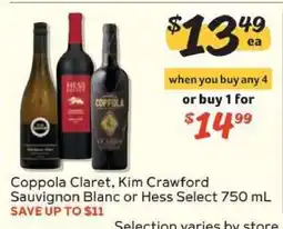 Winn Dixie Coppola Claret, Kim Crawford Sauvignon Blanc or Hess Select 750 mL offer