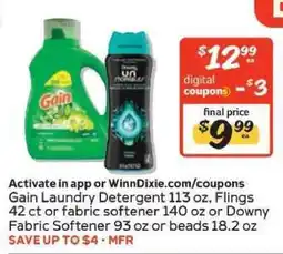 Winn Dixie Gain Laundry Detergent or Downy Fabric Softener offer