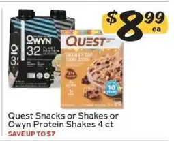 Winn Dixie Quest Snacks or Shakes or Owyn Protein Shakes 4 ct offer