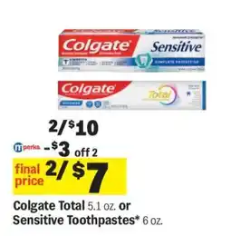 Meijer Colgate Total or Sensitive Toothpastes offer