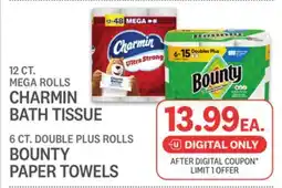 Kings Food Markets 12 CT. MEGA ROLLS CHARMIN BATH TISSUE 6 CT. DOUBLE PLUS ROLLS BOUNTY PAPER TOWELS offer