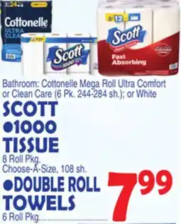 Bravo Supermarkets SCOTT 1000 TISSUE 8 Roll Pkg. Choose-A-Size, 108 sh. • DOUBLE ROLL TOWELS 6 Roll Pkg offer