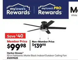 Lowe's Harbor Breeze 52-in Fairbanks Matte Black Indoor/Outdoor Ceiling Fan offer