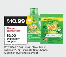 CVS Gain liquid 88 oz, fabric softener 72 oz, flings! 31-42 ct., beads 12.2 oz or dryer sheets 240 ct offer
