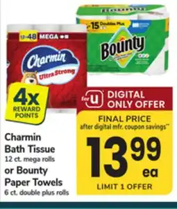 ACME Charmin Bath Tissue 12 ct. mega rolls or Bounty Paper Towels 6 ct. double plus rolls offer