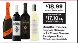 ACME Mionetto Prosecco, Coppola Diamond or La Crema Sonoma Sauvignon Blanc offer