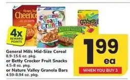 Safeway General Mills Mid-Size Cereal, Betty Crocker Fruit Snacks, or Nature Valley Granola Bars offer