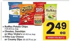 Safeway Ruffles Potato Chips, Cheetos, Sunchips, Miss Vickie's, Frito-Lay Cheese or Creamy Dips offer