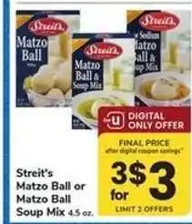 Safeway Streit's Matzo Ball or Matzo Ball & Soup Mix offer
