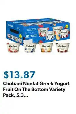 Sam's Club Chobani Nonfat Greek Yogurt Fruit On The Bottom Variety Pack, 5.3 oz., 16 ct offer