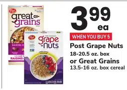 ACME Post Grape Nuts 18-20.5 oz. box or Great Grains 13.5-16 oz. box cereal offer