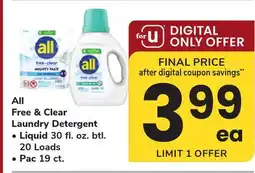 ACME All Free & Clear Laundry Detergent Liquid 30 fl. oz. btl. 20 Loads Pac 19 ct offer