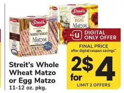 ACME Streit's Whole Wheat Matzo or Egg Matzo offer