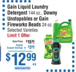 Smart & Final Gain Liquid Laundry Detergent 144 oz., Downy Unstopables or Gain Fireworks Beads 24 oz offer