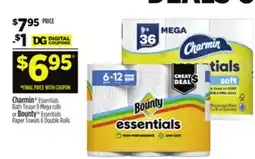 Dollar General Charmin Essentials Bath Tissue 9 Mega rolls or Bounty Essentials Paper Towels 6 Double Rolls offer