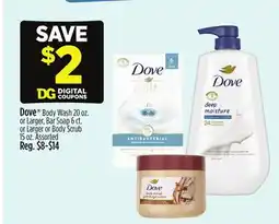 Dollar General Dove Body Wash 20 oz. or Larger, Bar Soap 6 ct. or Larger or Body Scrub 15 oz offer