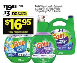 Dollar General Gain Liquid Laundry Detergent 134 Load/194 oz., Flings! 76 ct. or Super Flings! 45 ct offer