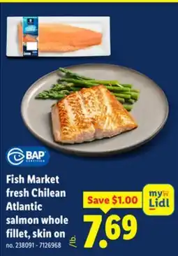 Lidl Fish Market fresh Chilean Atlantic salmon whole fillet, skin on offer