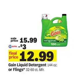 Meijer Gain Liquid Detergent 144 oz. or Flings 32-60 ct offer
