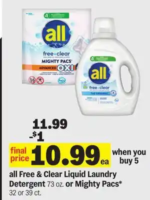 Meijer all Free & Clear Liquid Laundry Detergent 73 oz. or Mighty Pacs 32 or 39 ct offer