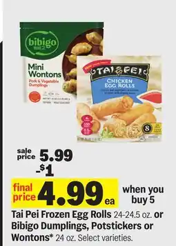 Meijer Tai Pei Frozen Egg Rolls 24-24.5 oz. or Bibigo Dumplings, Potstickers or Wontons offer