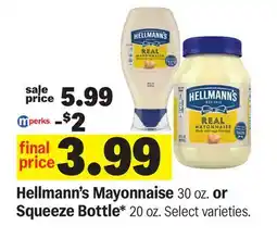 Meijer Hellmann's Mayonnaise 30 oz. or Squeeze Bottle* 20 oz offer