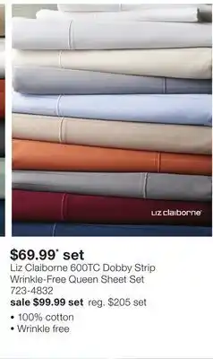 JC Penney Liz Claiborne 600TC Dobby Strip Wrinkle-Free Queen Sheet Set offer