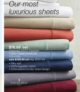 JC Penney Fieldcrest 500TC Egyptian Cotton Queen Sheet Set offer