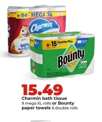 Hy-Vee Charmin bath tissue 9 mega XL rolls or Bounty paper towels 6 double rolls offer