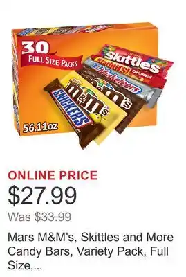 Costco Mars M&M's, Skittles and More Candy Bars, Variety Pack, Full Size, 30-count offer